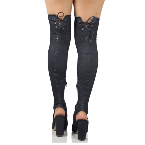 Blue Denim Over the Knee Back Tie Block Heel Boot - Picture 5 of 7